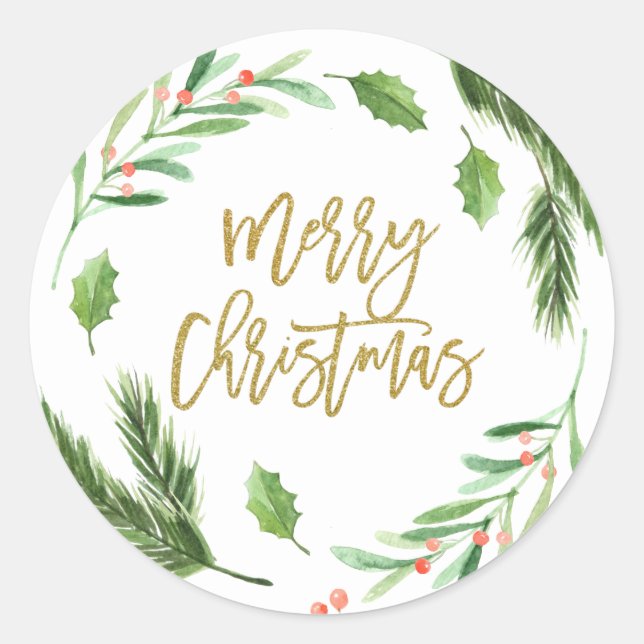 Holly Berry Foliage Watercolor Christmas Classic Round Sticker (Front)
