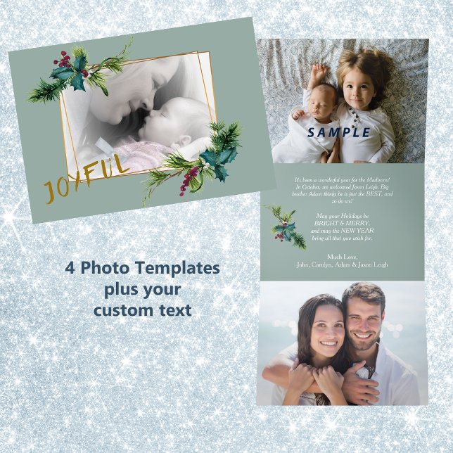 Holly Berry Frame 4 Photo Trifold Christmas Card (Creator Uploaded)