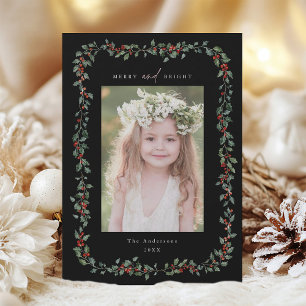 Holly Berry Frame Merry & Bright Photo Black Holiday Card