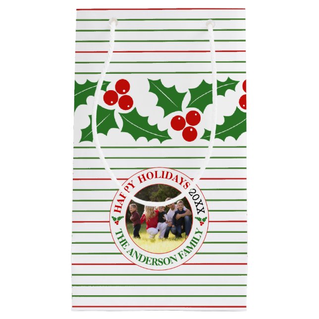 Holly berry garland red, green stripes Christmas Small Gift Bag (Front)