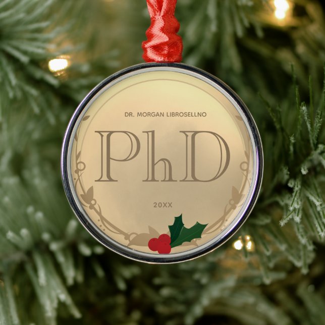 Holly Berry Gold PhD Graduation Metal Tree Decoration (Tree)