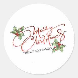 Holly Berry Gradient Red Script Merry Christmas Classic Round Sticker