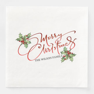 Holly Berry Gradient Red Script Merry Christmas Napkin