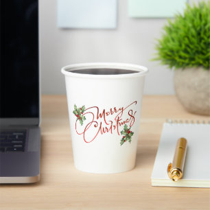 Holly Berry Gradient Red Script Merry Christmas Paper Cups