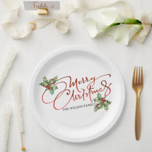 Holly Berry Gradient Red Script Merry Christmas  Paper Plate