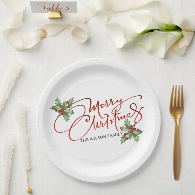 Holly Berry Gradient Red Script Merry Christmas  Paper Plate (Wedding)