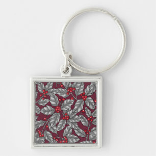 Holly berry, gray leaves on dark red key ring