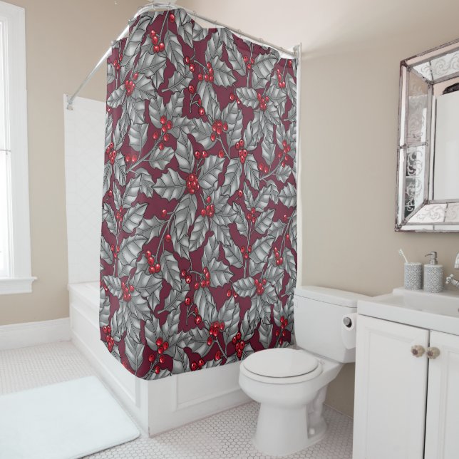Holly berry, gray leaves on dark red shower curtain (In Situ)