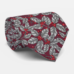 Holly berry, gray leaves on dark red tie