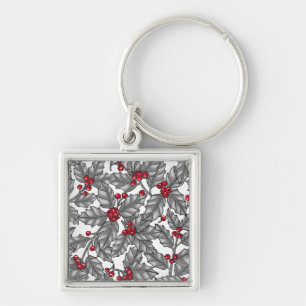 Holly berry, gray leaves on white key ring