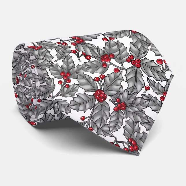 Holly berry, gray leaves on white tie (Rolled)