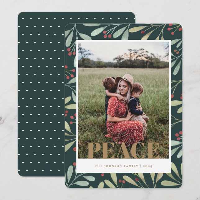 Holly Berry Green Gold Peace Christmas Photo Card (Front/Back)