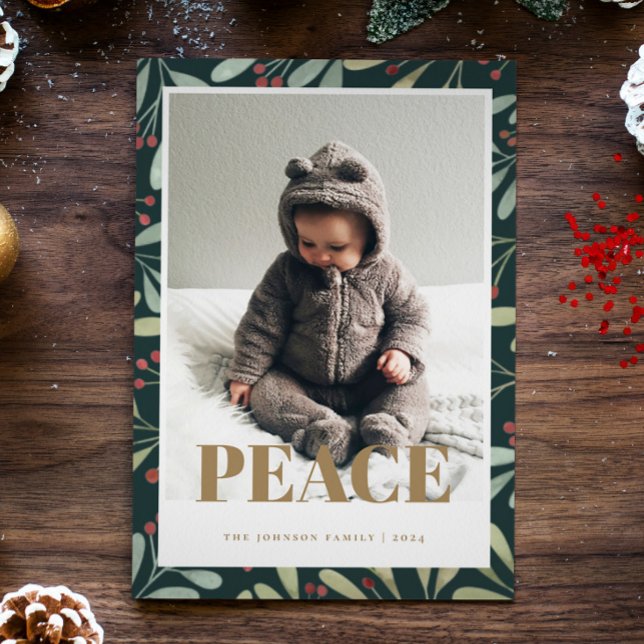 Holly Berry Green Gold Peace Christmas Photo Card (Creator Uploaded)