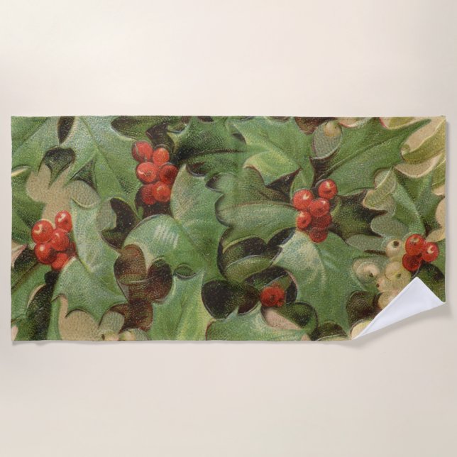 Holly Berry Greenery Christmas Holiday Vintage Beach Towel (Front)