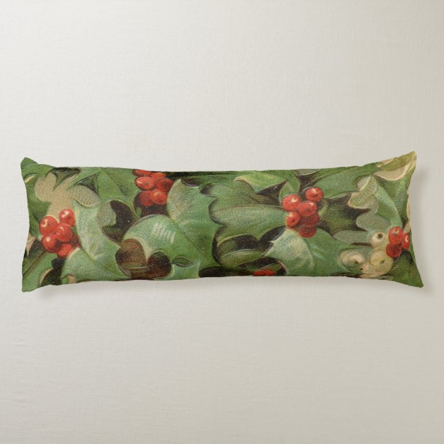 Holly Berry Greenery Christmas Holiday Vintage Body Cushion (Back)
