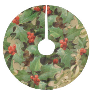 Holly Berry Greenery Christmas Holiday Vintage Brushed Polyester Tree Skirt