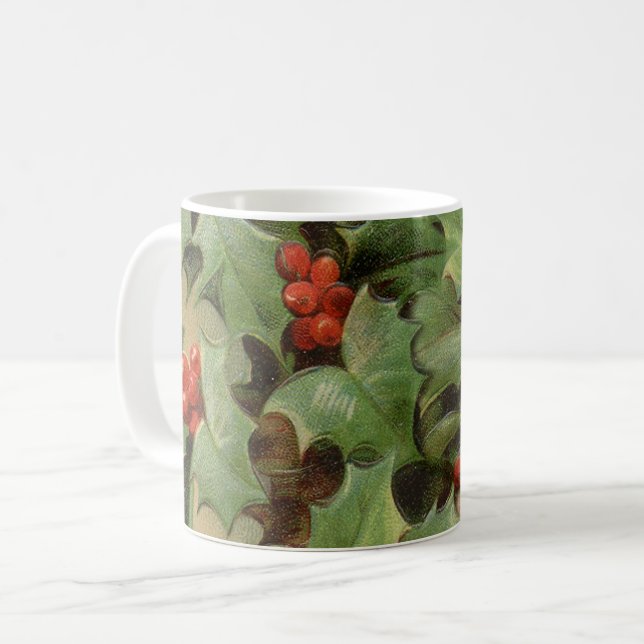 Holly Berry Greenery Christmas Holiday Vintage Coffee Mug (Front Left)