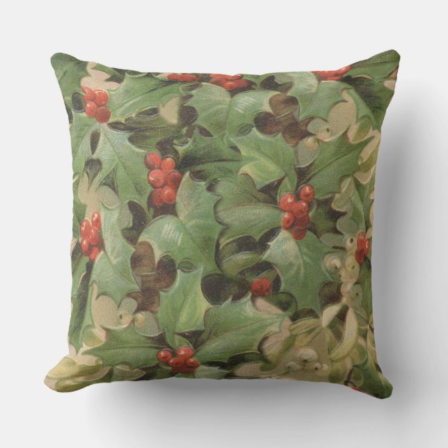 Holly Berry Greenery Christmas Holiday Vintage Cushion (Front)