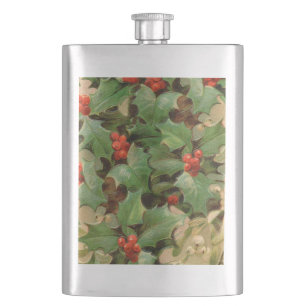 Holly Berry Greenery Christmas Holiday Vintage Hip Flask