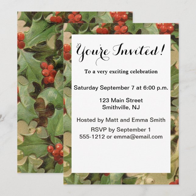Holly Berry Greenery Christmas Holiday Vintage Invitation (Front/Back)