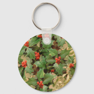 Holly Berry Greenery Christmas Holiday Vintage Key Ring