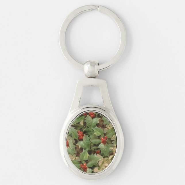 Holly Berry Greenery Christmas Holiday Vintage Key Ring (Front)