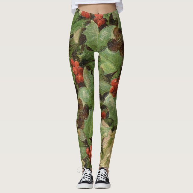 Holly Berry Greenery Christmas Holiday Vintage Leggings (Front)