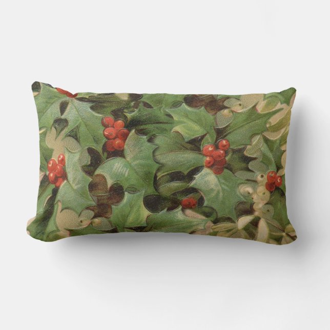 Holly Berry Greenery Christmas Holiday Vintage Lumbar Cushion (Front)