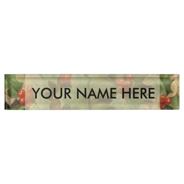 Holly Berry Greenery Christmas Holiday Vintage Nameplate (Front)