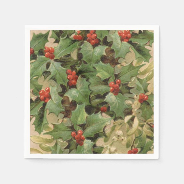 Holly Berry Greenery Christmas Holiday Vintage Napkin (Front)
