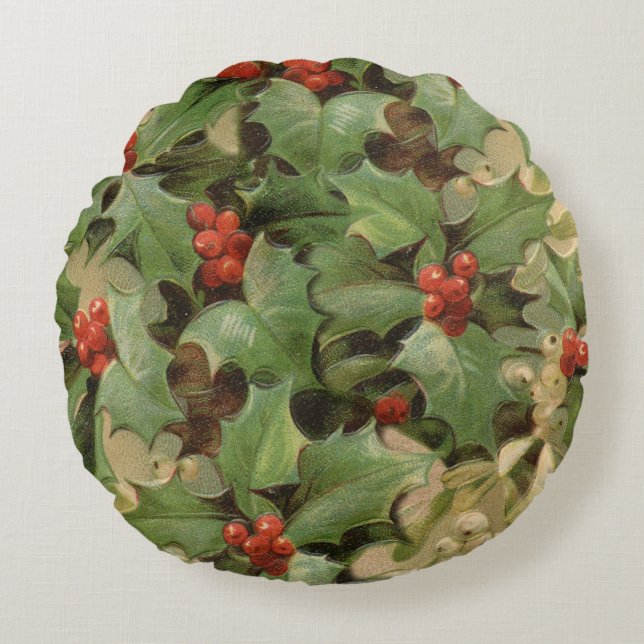 Holly Berry Greenery Christmas Holiday Vintage Round Cushion (Front)