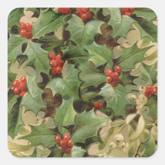 Holly Berry Greenery Christmas Holiday Vintage Square Sticker (Front)
