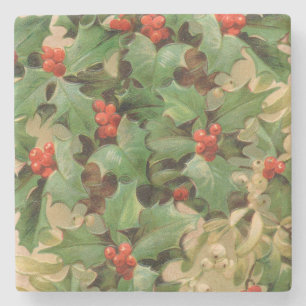 Holly Berry Greenery Christmas Holiday Vintage Stone Coaster