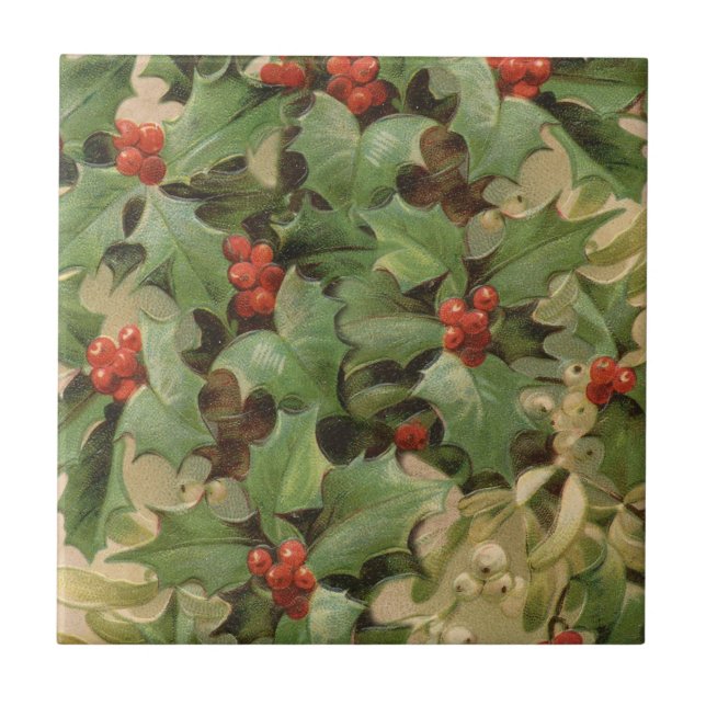 Holly Berry Greenery Christmas Holiday Vintage Tile (Front)