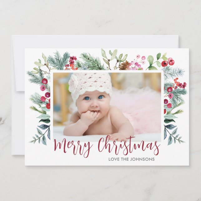 Holly Berry Greenery Merry Christmas Photo Holiday Card (Front)
