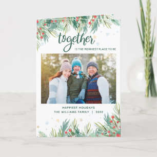Holly Berry Greenery Together Photo Christmas Holiday Card