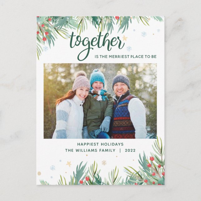 Holly Berry Greenery Together Photo Christmas Holiday Postcard (Front)