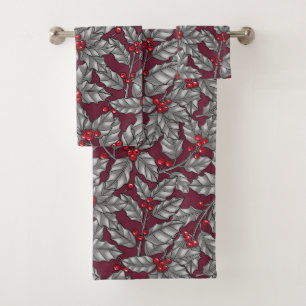 Holly berry, grey leaves on dark red bath towel set