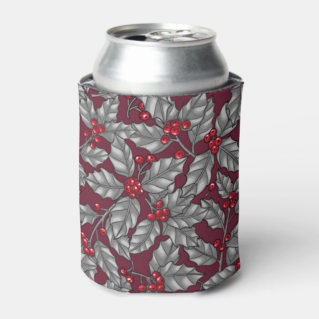 Holly berry, grey leaves on dark red can cooler (Can Front)