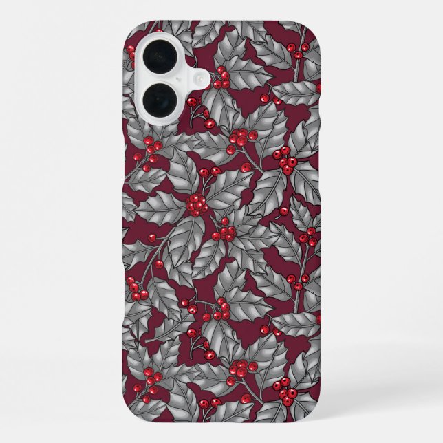 Holly berry, grey leaves on dark red iPhone case (Back)
