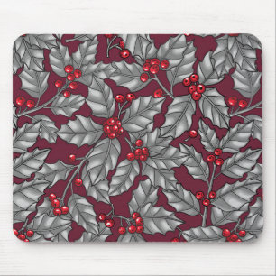 Holly berry, grey leaves on dark red mouse mat