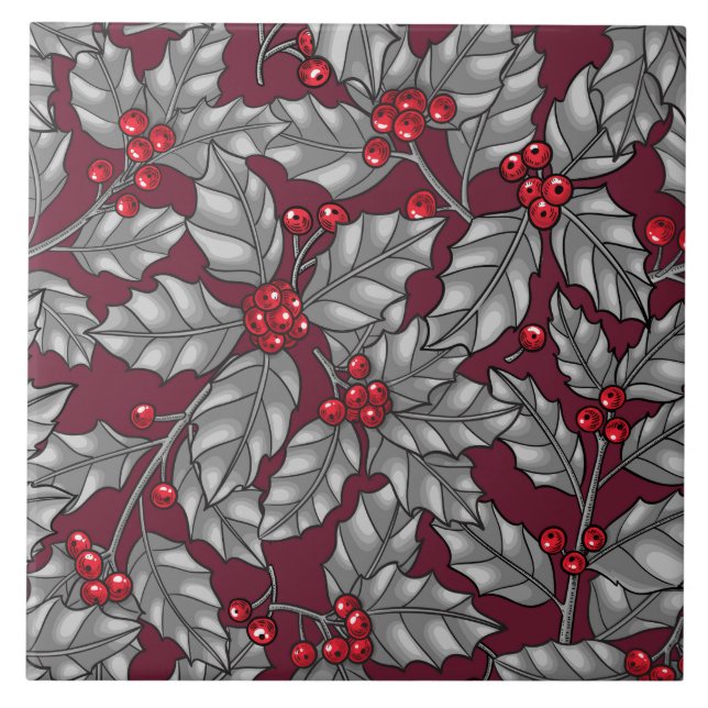 Holly berry, grey leaves on dark red tile (Front)