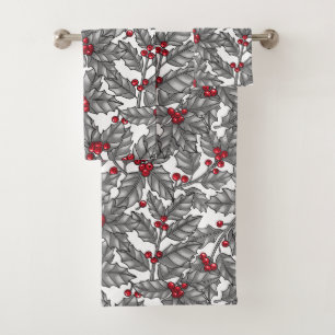 Holly berry, grey leaves on white bath towel set