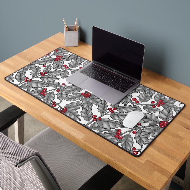 Holly berry, grey leaves on white desk mat (Office 2)