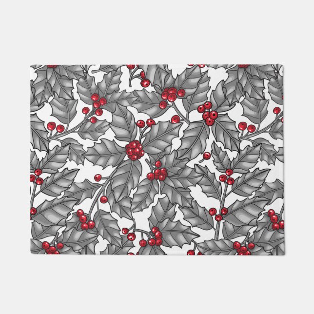 Holly berry, grey leaves on white doormat (Front)