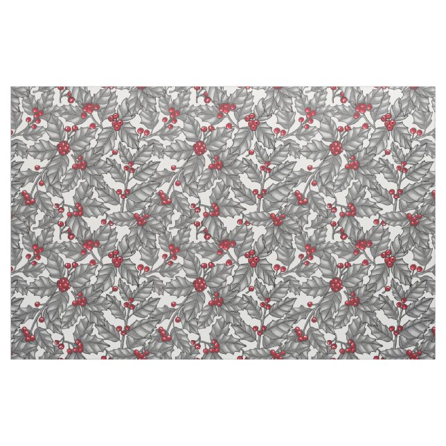 Holly berry, grey leaves on white fabric (Fat Quarter)