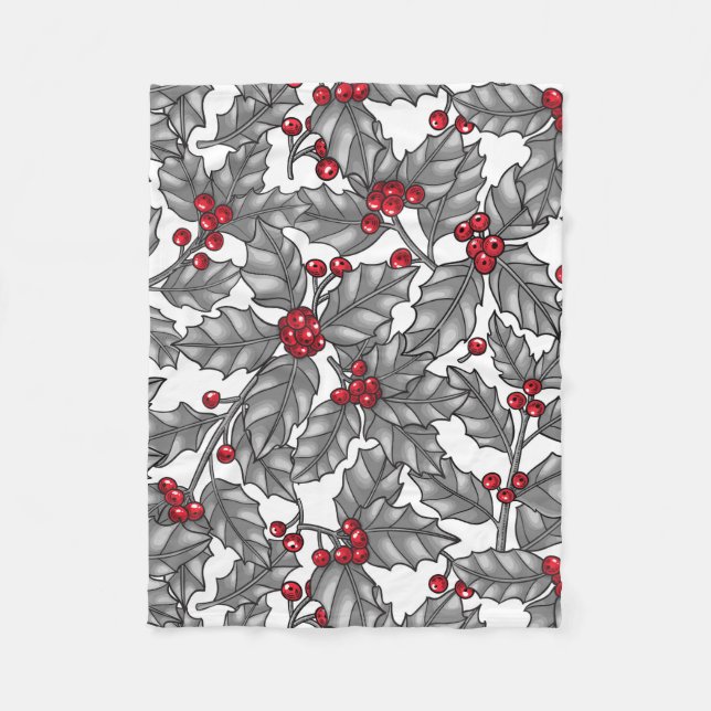 Holly berry, grey leaves on white fleece blanket (Front)