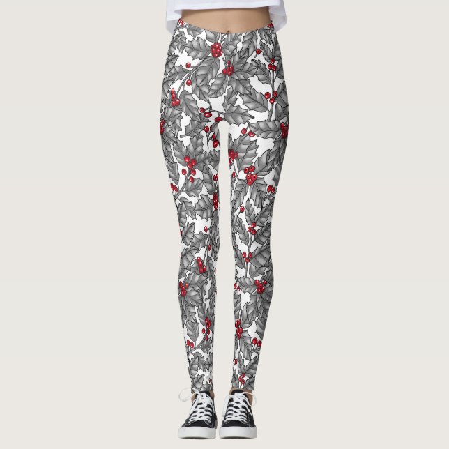 Holly berry, grey leaves on white leggings (Front)