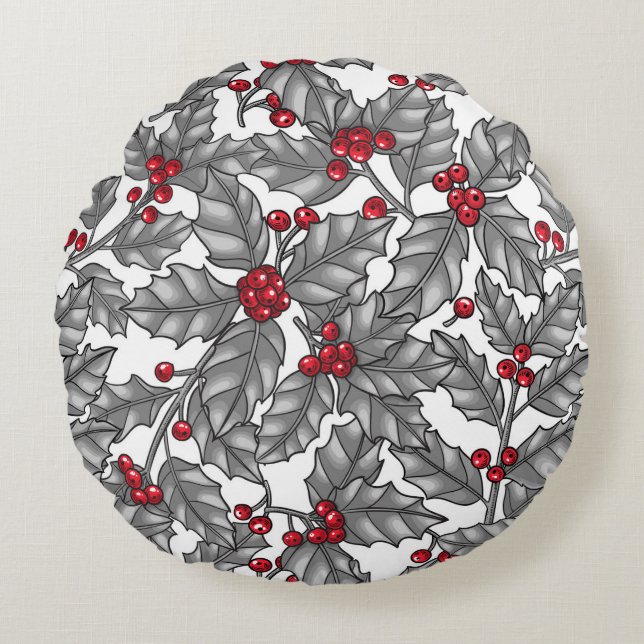 Holly berry, grey leaves on white round cushion (Front)