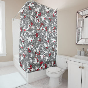 Holly berry, grey leaves on white shower curtain